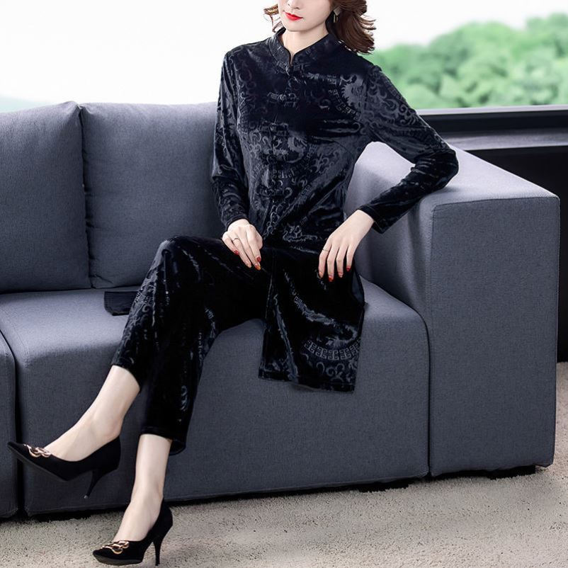 金丝绒套装女秋季新款妈妈装两件套休闲时尚气质高档显瘦中年女装