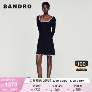 SANDRO Outlet女装法式方领水钻黑色修身短款连衣裙SFPRO02695