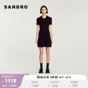 SANDRO Outlet女装法式优雅收腰黑色短款针织连衣裙SFPRO03151