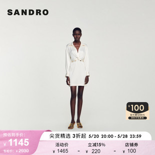 SANDROOutlet女装法式衬衫领收腰白色长袖连衣裙SFPRO03216