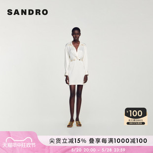 SANDROOutlet女装法式衬衫领收腰白色长袖连衣裙SFPRO03216