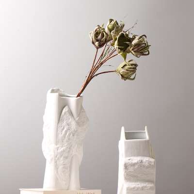 简约现代创意石头花瓶 售楼部样板房书房装饰品 白色插花陶瓷摆件