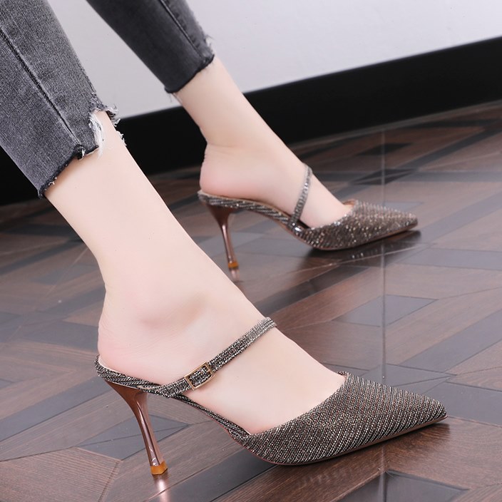 包头半拖鞋女2021夏季新款尖头外穿流行网红拖鞋高跟女细跟凉拖鞋