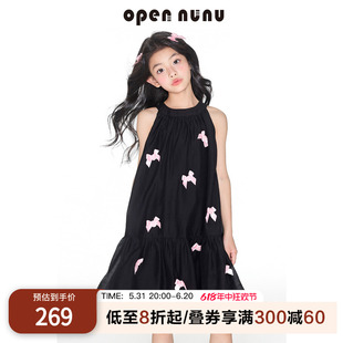 opennunu女童蝴蝶结天丝压褶连衣裙夏季新款挂脖显瘦氛围感长裙