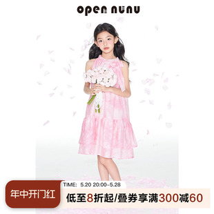 opennunu女童粉花小仙女长裙夏季手工花朵装饰飘逸无袖挂脖连衣裙