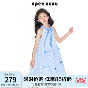 opennunu女童法式蓝色格子挂脖连衣裙夏季学院风立体蝴蝶结中长裙