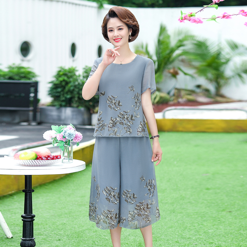 中老年人妈妈装夏装上衣两件套t恤