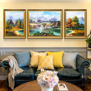 纯手绘美式沙发背景墙装饰画欧式客厅山水风景油画三联挂画聚宝盆