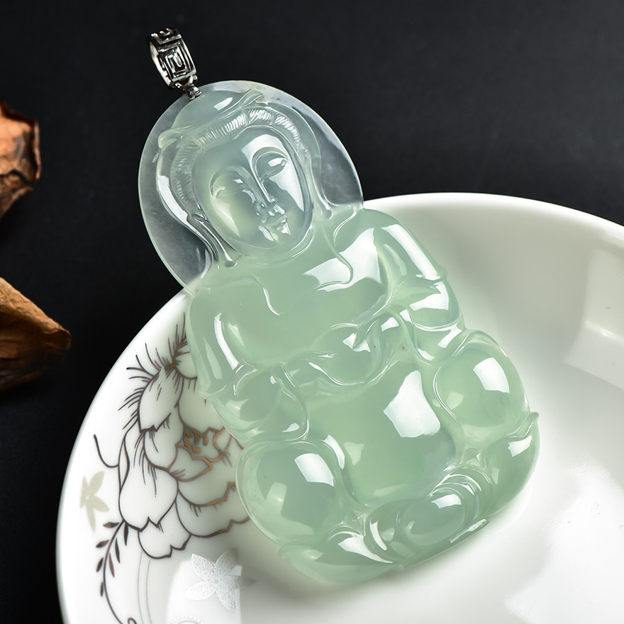【收藏精品】翡翠a货冰润起胶感厚装吉祥玉观音18k金扣头35.62克