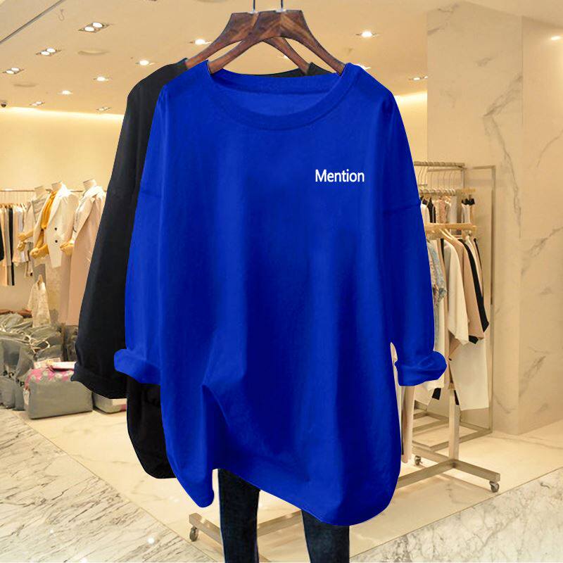 克莱因蓝色纯棉质感长袖t恤女夏2022新款欧货大版宽松长款上衣ins