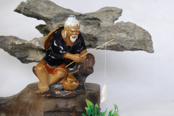 姜太公钓鱼摆件陶瓷小人物禅意家居造景鱼缸鱼池盆景假山渔翁工艺
