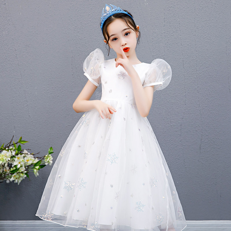 爱莎公主裙子女童夏装泡泡袖网纱连衣裙儿童艾沙衣服宝宝白色礼服