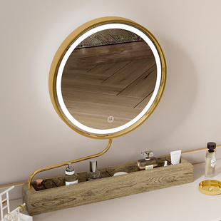实木金属框led化妆镜智能可翻转拉伸360旋转台式卧室桌面梳妆镜