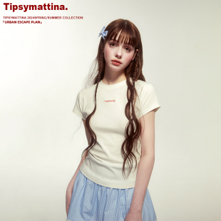 Tipsymattina微醺清晨原创圆领半袖上衣薄字母刺绣白色短袖T恤女