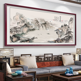 流水生财壁画2023新款客厅茶台背景墙装饰挂画办公室风景山水字画