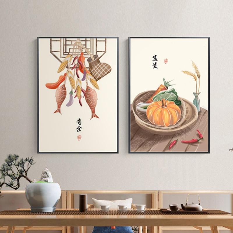 新中式餐厅装饰画饭厅墙壁食物有鱼餐桌墙面背景厨房壁画家庭墙画