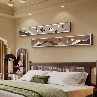 中古风客厅装饰画艺术复古轻奢高级感沙发背景墙卧室床头横幅挂画