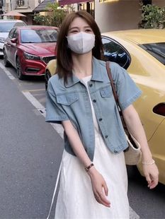 休闲薄款短袖牛仔衬衫外套女2024春夏装新款小个子设计感小众上衣