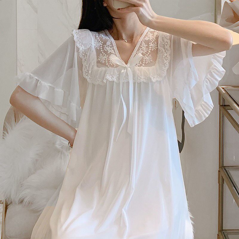 宫廷风睡裙女夏冰丝长款过膝带胸垫公主吊带女士夏季性感蕾丝睡衣