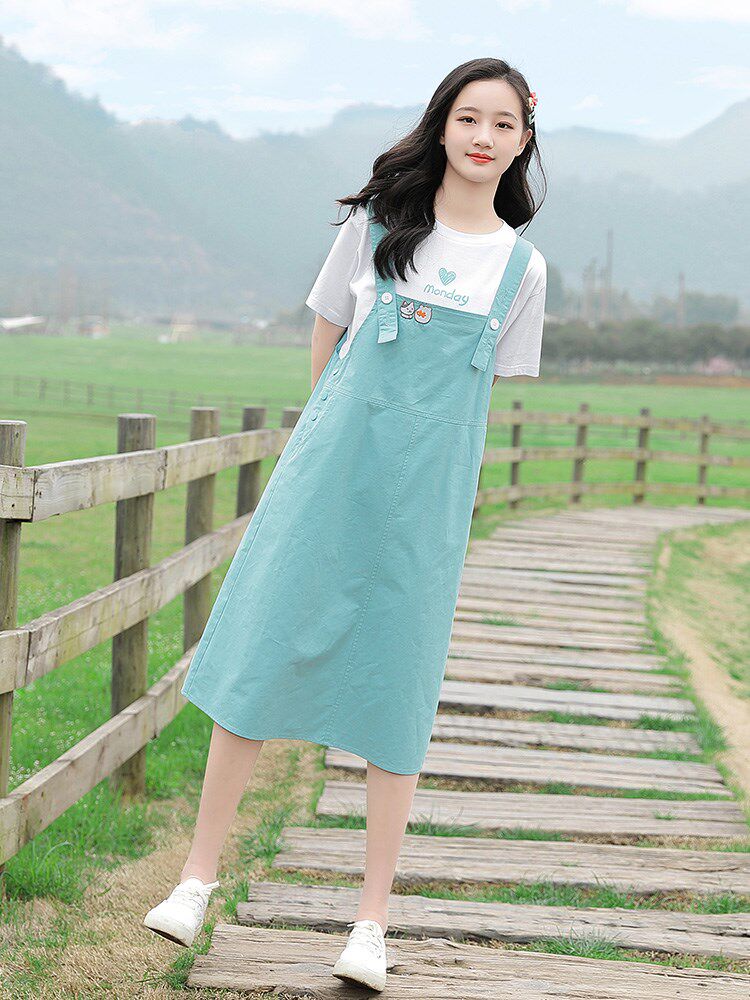 初中生夏季背带裙套装女甜美时尚12岁16女孩夏装少女中学生连衣裙