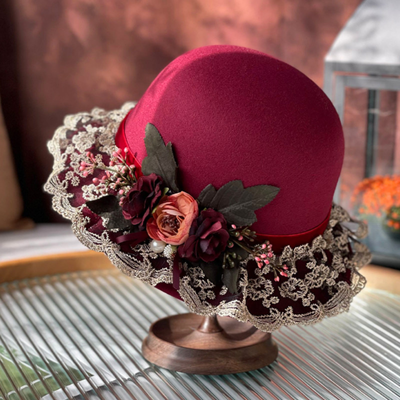 红色毛呢礼帽女秋冬百搭时尚名媛贵妇蕾丝花朵渔夫帽女显脸小日系