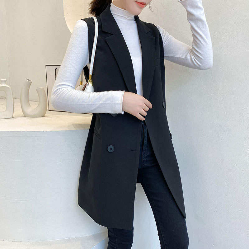 特大码200斤胖mm休闲韩版女士西装领马甲中长款西服式背心外套秋