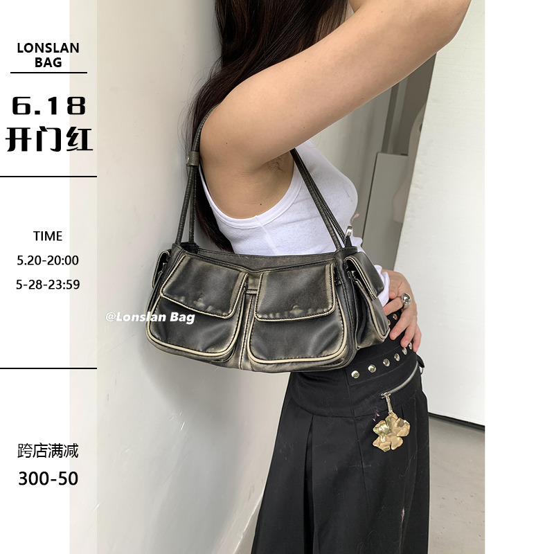 Lonslan BAG 2023秋季新款小众多口袋机车辣妹做旧单肩腋下包女