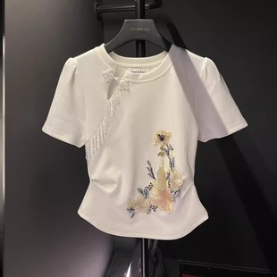 中国风t恤女士短袖上衣新中式印花轻刺绣diy2024白色时尚洋气半袖