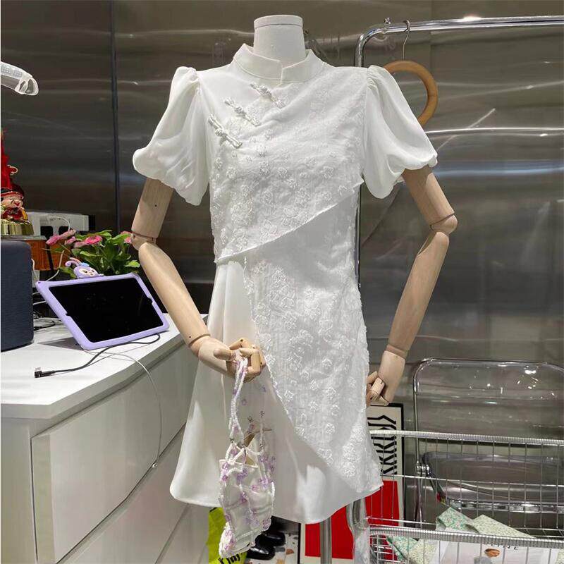 eureka中国风旗袍连衣裙女春夏立领灯笼短袖盘扣拼接网纱修身中裙