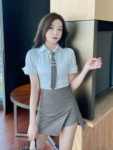 韩版学姐修身短袖衬衫洋气收腰性感辣妹足浴技师时尚工作服两件套