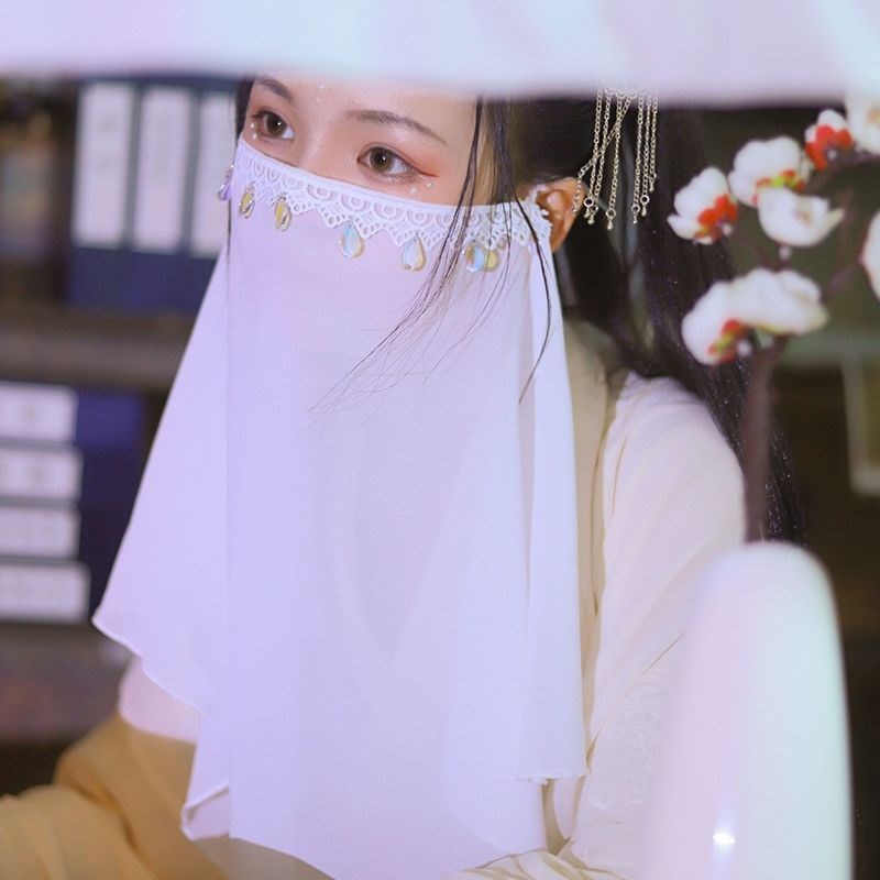 面帘汉服纱巾遮脸古装配饰夏季遮阳防晒古风流苏女配饰纯色面纱