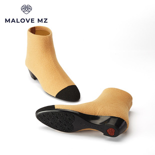MALOVE MZ王妃鞋2023年秋冬新款小香风羊绒圆头坡跟弹力瘦瘦短靴