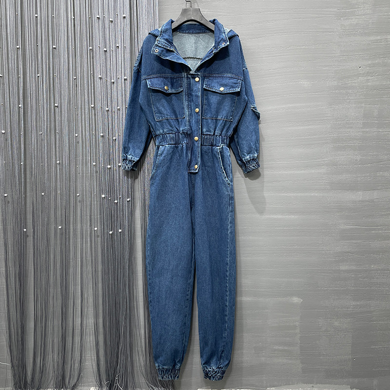 牛仔连衣裤女长裤2021秋冬装新款松紧高腰宽松显瘦深蓝连帽连体裤