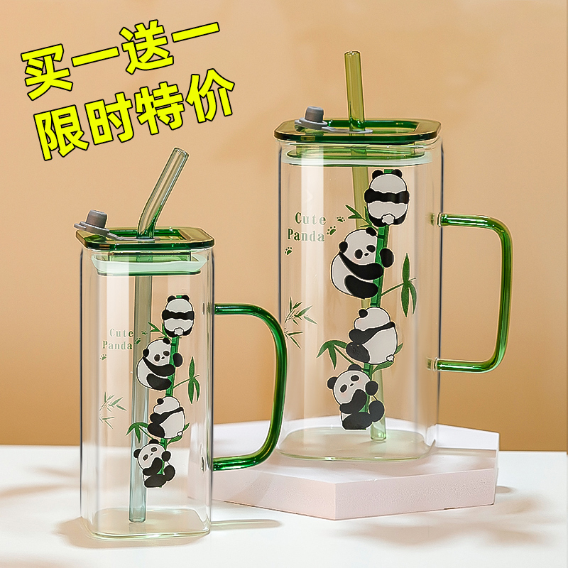 精致夏日熊猫饮品杯新款大容量印花玻璃杯高硼硅耐热水杯造型杯子
