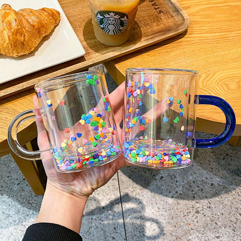 爱心心心啵啵杯子可爱双层玻璃耐热高颜值ins风星星流沙杯高颜值