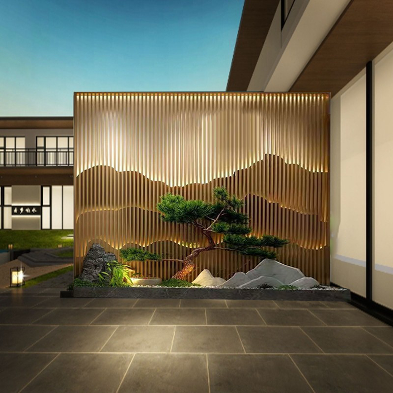 不锈钢钛金屏风假山水背景墙酒店别墅售楼部隔断简约金属户外庭院
