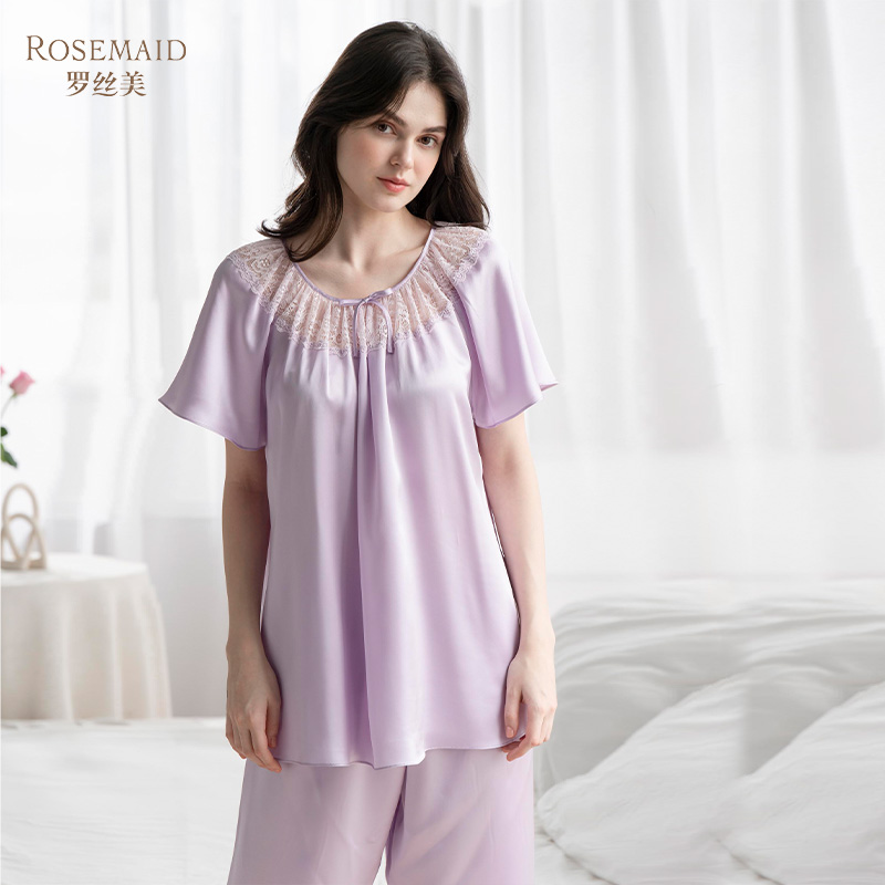 Rosemaid/罗丝美桑蚕丝镶蕾丝短袖七分裤睡衣套装春夏新款12061