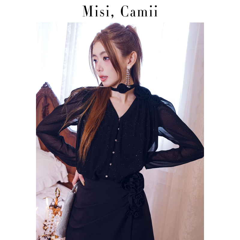 Misi.Camii2023早秋新款设计师品牌优雅气质立体玫瑰抽褶雪纺上衣