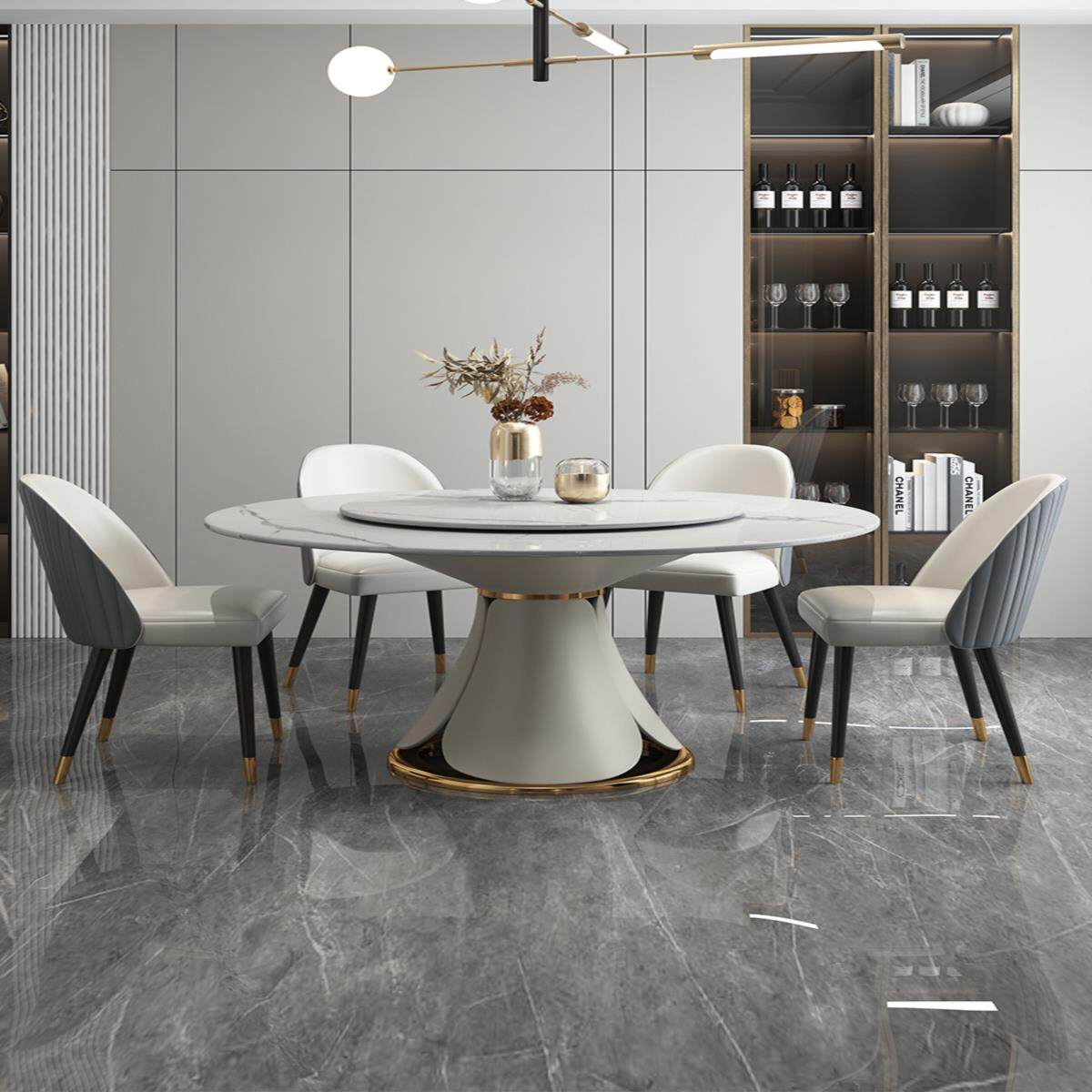 意大利亮光岩板餐桌圆形现代轻奢风高端意式极简大理石圆桌带转盘