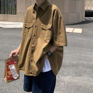 vintage牛仔衬衫男短袖夏季薄款港风五分袖衬衣日系复古工装外套
