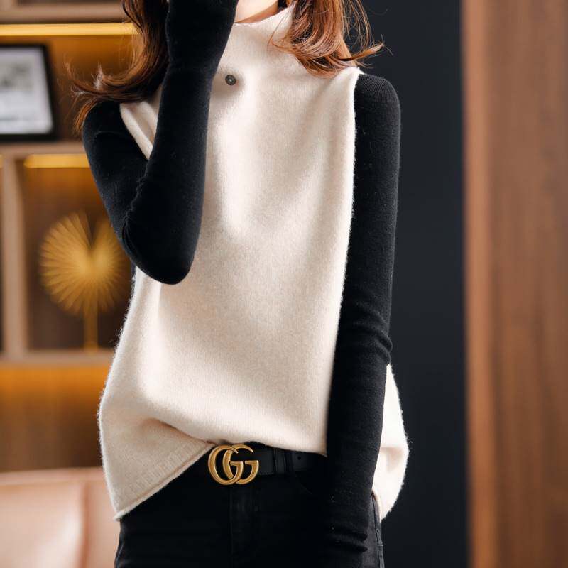 秋冬新款羊绒针织马甲背心女高领宽松休闲百搭纯羊毛无袖坎肩毛衣