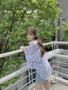 韩系小众设计感蓝白条纹衬衫薄款防晒夏季新款宽松慵懒上衣女外套