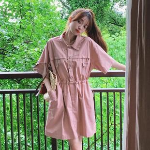 粉色工装牛仔连衣裙女2023新款韩版休闲宽松收腰显瘦小个子衬衫裙