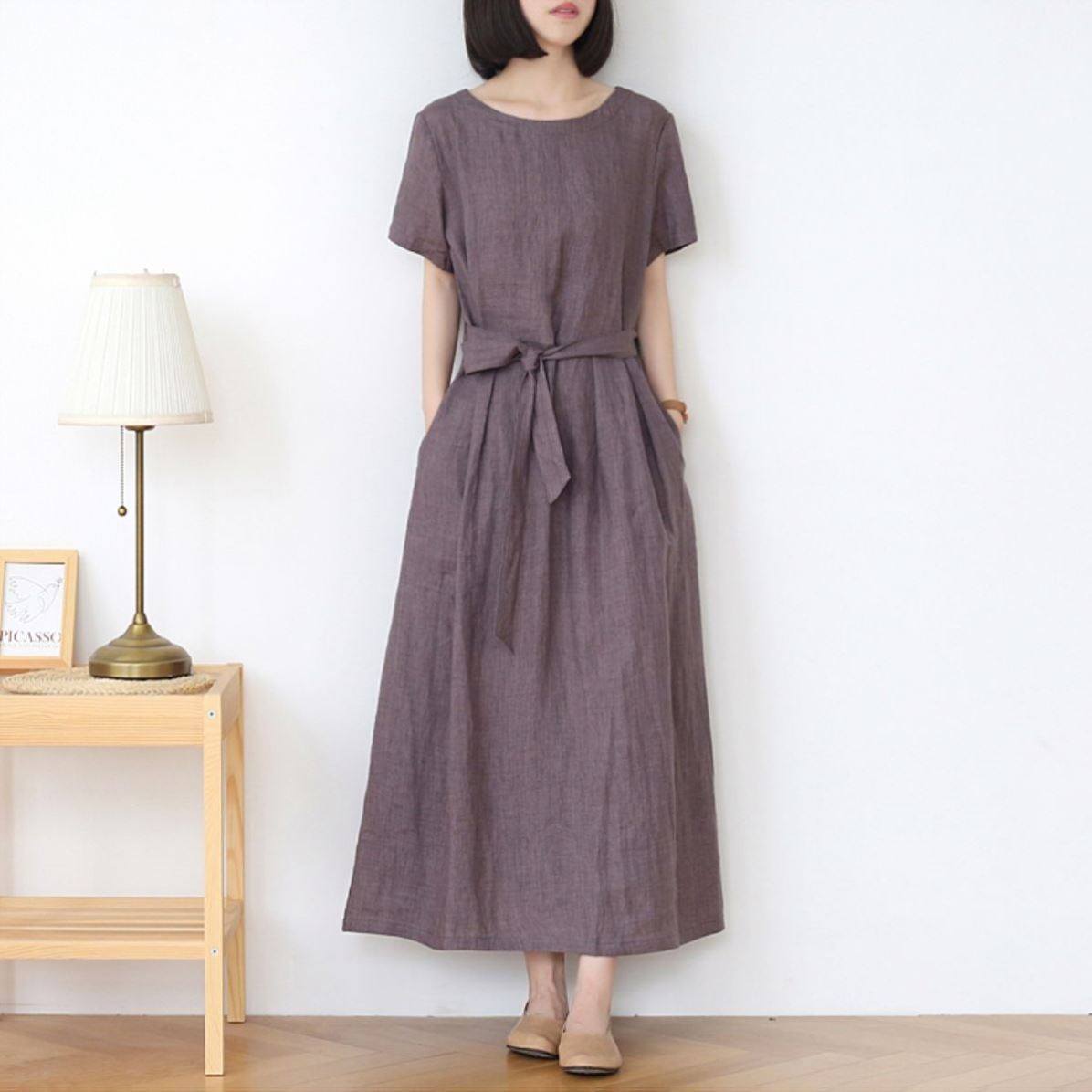 素订女装旗舰店圆领短袖棉麻夏连衣裙新款女长款复古宽松长裙文艺