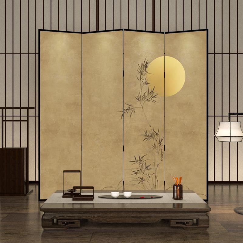 现代中式淡雅意境屏风隔断折叠移动客厅酒店装饰水墨竹子月圆折屏