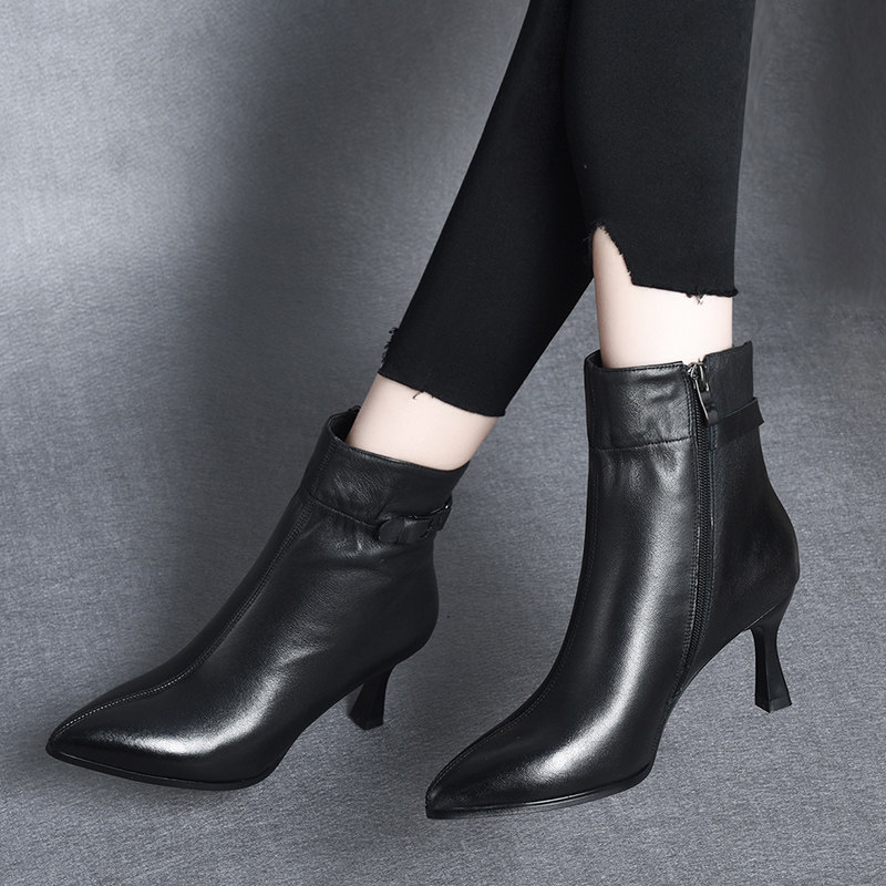 2021秋冬新款全皮短靴真皮女鞋粗跟中跟切尔西靴子系带短筒马丁靴