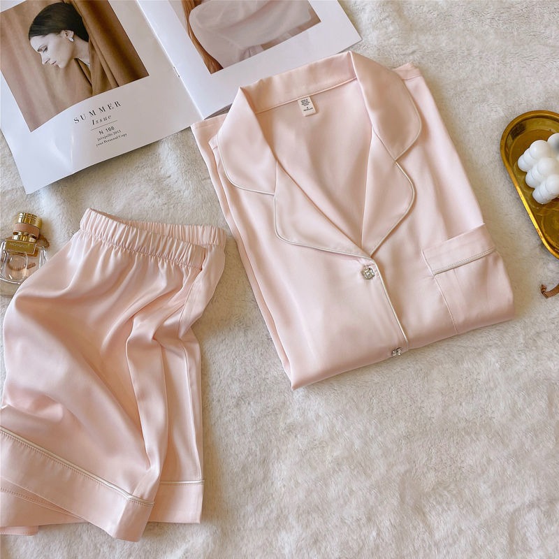 粉色ins睡衣女士夏天冰丝短袖高级感甜美开衫新款丝绸家居服套装