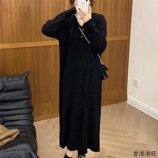 连帽条纹连衣裙女2024春秋季新款宽松显瘦小个子百搭休闲针织裙子