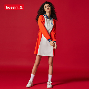 bossiniX女装春夏新品拼色针织空气纱罗马布长袖连衣裙