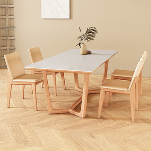 日式实木岩板餐桌长方形北欧侘寂风白蜡木原木白色餐桌小户型家用
